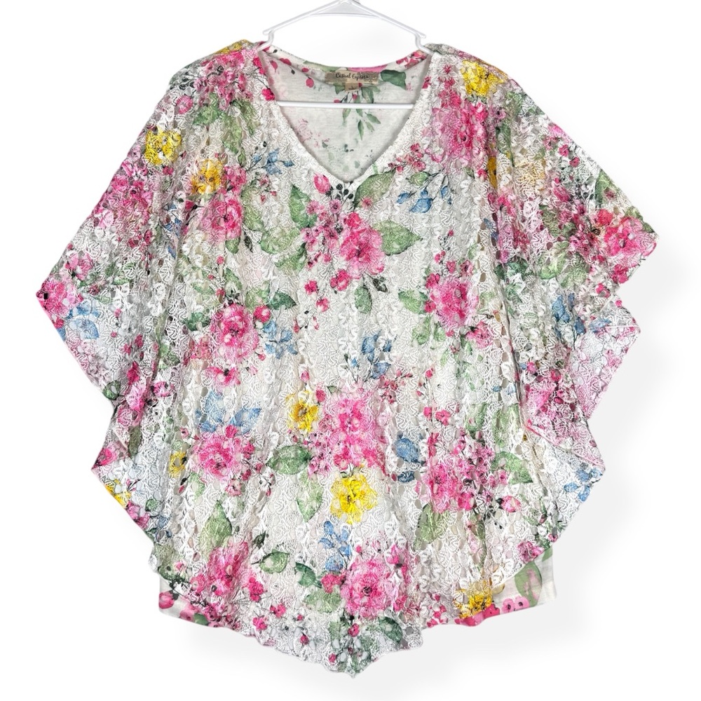 Casual Express Top Womens L Large Tank Top‎ Lace Overlay Stretch White Floral